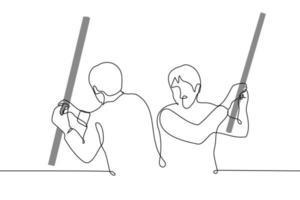 män stående motsatt varje Övrig vinka lång tjock pinnar - ett linje teckning vektor. begrepp konflikt, bekämpa vektor