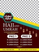 hajj und umrah Luxus Paket Flyer, Ramadan kareem Flyer Vorlage islamisch Broschüre Post Arabisch Kalligraphie, Gruß Karte Feier von Muslim Gemeinschaft Festival, Übersetzung das Monat von Fasten vektor