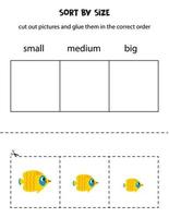 Sortieren Gelb Schmetterling Fisch durch Größe. lehrreich Arbeitsblatt zum Kinder. vektor