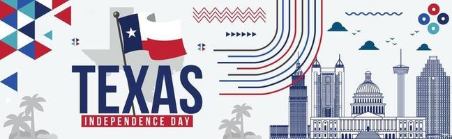 Texas Unabhängigkeit Tag Banner mit berühmt Gebäude, Texas winken Flagge Thema geometrisch abstrakt Design Karte mit Sehenswürdigkeiten, Unabhängigkeit Tag Vektor Illustration