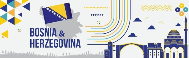 bosnien och herzegovina oberoende dag baner design med bosnien flagga, färger tema bakgrund, bosnien och herzegovina Karta, text landmärken, geometrisk abstrakt blå gul vit färger illustration vektor