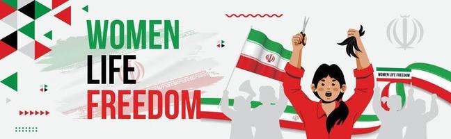 iranian kvinnor protest baner. iranian kvinnor stridande för deras rättigheter slogan kvinnor, liv, frihet iran nationell flagga. kvinnor bemyndigande, likvärdig rättigheter. hår skära kampanj för medvetenhet. hijab, burka vektor