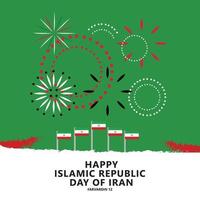 ich rannte islamisch Republik Tag Vektor Illustration mit National Flagge und Feuerwerk. Mitte Osten Land Öffentlichkeit Urlaub.