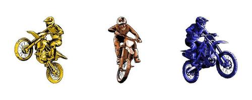 einstellen Sammlung von Moto-Cross Fahrer Silhouetten. einfarbig Farbe. Konzept von Sport, extrem, Wettrennen, Motorrad. zum Aufkleber, drucken, usw. Hand gezeichnet Vektor Illustration.