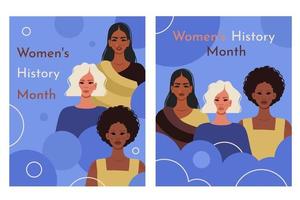 uppsättning av kvinnors historia månad kort. ung kvinnor av annorlunda nationaliteter. feminism, kvinnor bemyndigande, mångfald, kön jämlikhet begrepp. vektor illustration för baner, social media posta, affisch