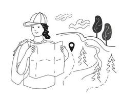 Frau Tourist mit Rucksack halten Karte suchen Route. Vektor Gekritzel Illustration.