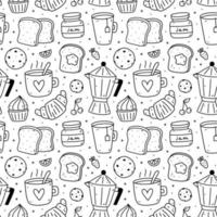 süß nahtlos Muster mit Frühstück Essen - - Kaffee, Tee, Toast, Marmelade, Croissant, Kekse und Cupcakes. Vektor handgemalt Gekritzel Illustration. perfekt zum drucken, Verpackung Papier, Hintergrund.