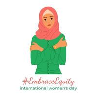 Umarmung Eigenkapital ist Thema von International Damen Tag 8 März 2023. Muslim Frau tragen ein Hijab umarmt Sie selber. großartig zum Poster, Banner, Karte, Netz, Sozial Medien, Handy, Mobiltelefon App. Vektor Illustration