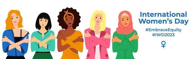 omfamning rättvisa är tema av internationell kvinnors dag 2023. mångkulturell kvinnor är kramas sig själva. kärlek själv begrepp. bra för baner, affisch, webb, landning sida, mall, social media. vektor