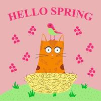 Karte Hallo Frühling mit ein Katze im ein Nest und ein Vogel vektor