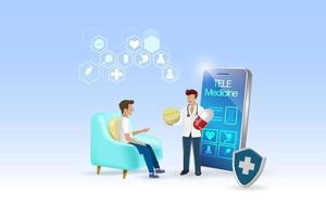 virtuell Arzt im medizinisch Handy, Mobiltelefon App geben geduldig beraten im Medizin Pillen. medizinisch und Gesundheit Pflege Bedienung kabellos Technologie. 3d Vektor. vektor