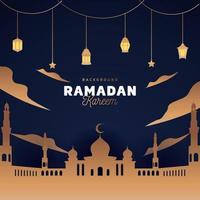 ramadan kareem hälsning med silhuett islamic lykta guld blå Färg vektor