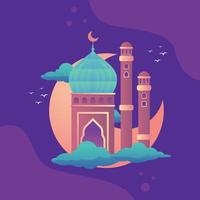 Moschee Vektor Illustration mit Halbmond Mond voll Farbe Hintergrund