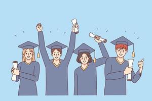 aufgeregt Menschen im Mäntel halten Diplome feiern Hochschule Abschluss. lächelnd Studenten auf Universität Grad Feier. Bildung Konzept. Vektor Illustration.