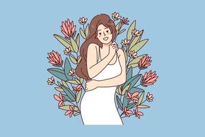 Lycklig kvinna kramas själv omgiven förbi blommor. leende flicka känsla självsäker och optimistisk. kropp positiv och kärlek själv begrepp. vektor illustration.