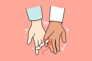 raser par händer bunden med röd tråd som symbol av bindning och förbindelse. länkad multietnisk man och kvinna visa kärlek och tillgivenhet. icke-verbalt kommunikation. vektor illustration.