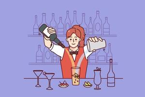 ung kvinna framställning cocktails på bar. Lycklig kvinna barmen blanda alkohol framställning dryck eller dryck i restaurang. vektor illustration.