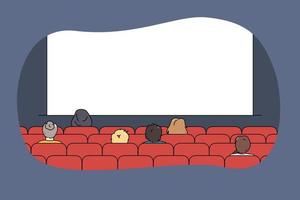 Rückseite Aussicht von Menschen Sitzung im Film Theater Aufpassen Premier zeigen. Zuschauer oder Kunden genießen Abend im Kino aussehen beim Projektion Bildschirm. Attrappe, Lehrmodell, Simulation, Bewegung Bild. Vektor Illustration.