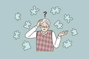 frustrerad gammal man lida från demens förlust minne. förvirrad senior manlig kamp med alzheimers sjukdom. äldre sjukvård och medicin begrepp. platt vektor illustration.