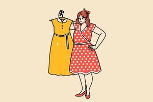 Übergewicht Frau halt Aufhänger mit Kleid auf Einkaufen im speichern. rundlich Fett weiblich Kaufen Kleider im Einkaufszentrum. Kleiderschrank Styling und Mode Konzept. eben Vektor Illustration, Karikatur Charakter.