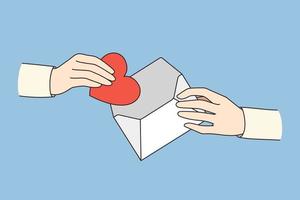 Menschen behalten Papier Herz im Briefumschlag Teilen Liebe und Pflege. Hand nehmen aus Herz Symbol von Brief, erhalten Valentinstag Postkarte. Unterstützung und Nächstenliebe Konzept. Vektor Illustration.