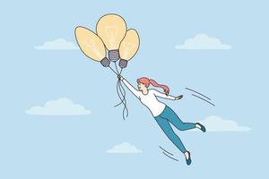 glücklich motiviert Frau fliegend auf Licht Glühbirnen wie Luftballons im Himmel. lächelnd weiblich hat verloren im Träume oder Vorstellung. kreativ Ideen und Problem Lösung. Vektor Illustration.