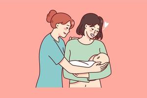 glücklich Krankenschwester und jung Mutter halten Neugeborene Baby auf Hände. lächelnd Mama Treffen Kind Säugling haben Komfort von Arzt. Mutterschaft Konzept. eben Vektor Illustration.