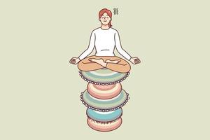 lugna kvinna Sammanträde på stack av zen stenar mediterar. fredlig kvinna öva yoga involverad i meditation session. sjukvård och fred. vektor illustration.