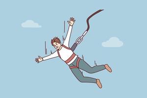 aufgeregt jung Mann Springen mit Fallschirm. lächelnd Kerl genießen extrem Sport mit Seil Springen. Vektor Illustration.