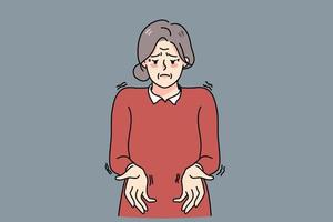 ohälsosam gammal kvinna med darrande händer lida från parkinson sjukdom. sjuk mogna mormor kamp med neurologisk sjukdom symtom. äldre sjukvård. vektor illustration.