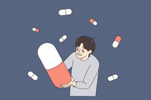 unzufrieden betont Mann leiden von Droge Sucht halt enorm Pille. verärgert ungesund Kerl Kampf mit Depression süchtig zu Medikation und Tablets. Medizin und Gesundheitspflege. Vektor Illustration.