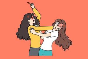 par av arg ung kvinnor bekämpa och gräl. galen Tonårs flickor stridande dragande hår. kvinna konflikt och problem lösning med nävar. platt vektor illustration.