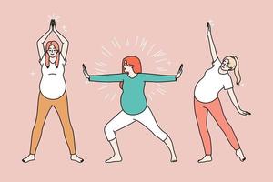 aktiva gravid kvinnor do morgon- övningar Följ friska livsstil. energisk sportigt flicka njut av graviditet do sporter tåg eller träna. pilates och stretching. moderskap. vektor illustration.