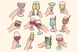 einstellen von Menschen mit Klirren Brille trinken Cocktails feiern Party zusammen. Sammlung von Personen genießen Feier sagen Prost Toast beim festlich Fall. eben Vektor Illustration.