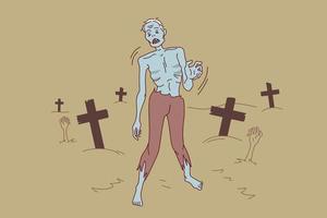 Zombie Gehen auf Friedhof beim Nacht. gruselig Monster- auf Halloween außen. Gehen tot. Vektor Illustration.