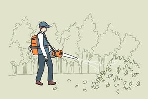 männlich Gärtner im Uniform Sammlung Blätter mit praktisch Vakuum. Mann Heimwerker Arbeiten draußen im Herbst Reinigung Boden im Garten auf Hinterhof. eben Vektor Illustration.