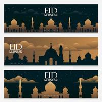 eid Mubarak Banner Vorlage Design einstellen mit golden Moschee und Grün Hintergrund vektor