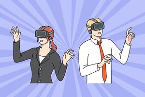 olika affärsmän i vr glasögon utforska ny verklighet miljö. man och kvinna anställda i virtuell verklighet headsets använda sig av modern teknik på arbete. platt vektor illustration.