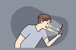 ung kille ansluten sluten till smartphone lida från teknologi missbruk problem. man Beroende till mobiltelefon och social media, bunden till uppkopplad kommunikation. platt vektor illustration.