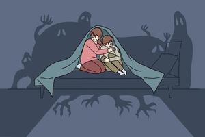 erschrocken klein Kinder sitzen auf Bett unter Decke erschrocken durch imaginär Monster. erschrocken wenig Kinder Gefühl Angst und Angst weil von Haus Geister. Kindheit Alptraum. Vektor Illustration.