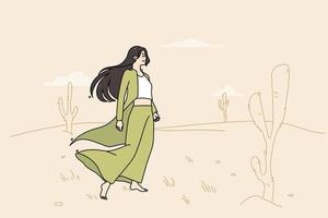ung kvinna vandrande öken. tusenåriga flicka känna förlorat och ensam i sand vildmark område. begrepp av tråkig och monoton liv. platt vektor illustration.