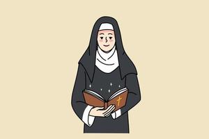 Schwester Nonne im traditionell Kleider lesen Bibel im Kirche. glücklich katholisch Schwester beten zu Gott. Religion und Vertrauen Konzept. Gebet und Gläubige. eben Vektor Illustration, Karikatur Charakter.