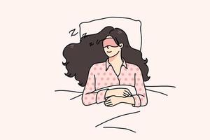 Ruhe jung Frau mit Auge Maske Lügen entspannend im Sanft Bett Schlafen oder nehmen Nickerchen. entspannt tausendjährig Mädchen schlafend im Schlafzimmer, sehen Träume beim Nacht. Entspannung und Ermüdung. Vektor Illustration.