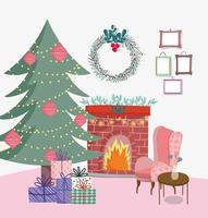 Frohe Weihnachten Plakat mit niedlichen Weihnachtsbaum zu Hause vektor