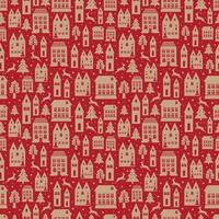 nahtloses Farbmuster der alten Stadt mit alten Gebäuden für Tapete oder Hintergrundentwurf auf Rot. Weihnachten und Neujahr Winter Hintergrund. vektor