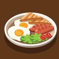 traditionell britisch Frühstück mit gebraten Eier, gebacken Toast, Würstchen und Salat Tomate Grüner Salat Vektor Illustration