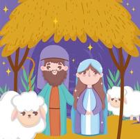 Frohe Weihnachten und Krippe mit Mary und Joseph vektor