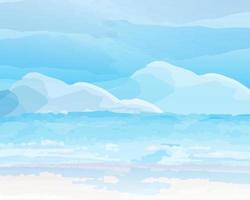 vattenfärg målning ljus blå strand med bergen och imaginär himmel. vektor