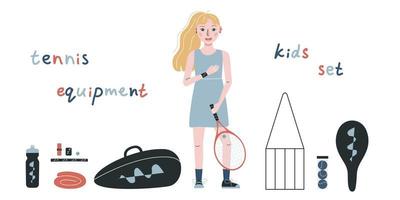 platt vektor illustration i barnslig stil. hand dragen tennis spelare, redskap och Utrustning.