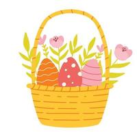 Ostern Eier im ein Korb mit Blumen. Vektor Illustration. Korb mit Blumen, Eier. eben Stil.